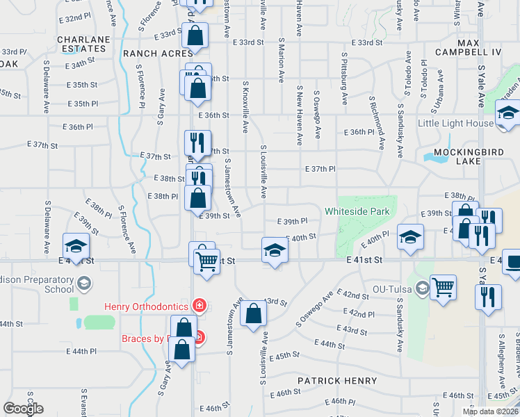 map of restaurants, bars, coffee shops, grocery stores, and more near 3703 East 39th Place in Tulsa