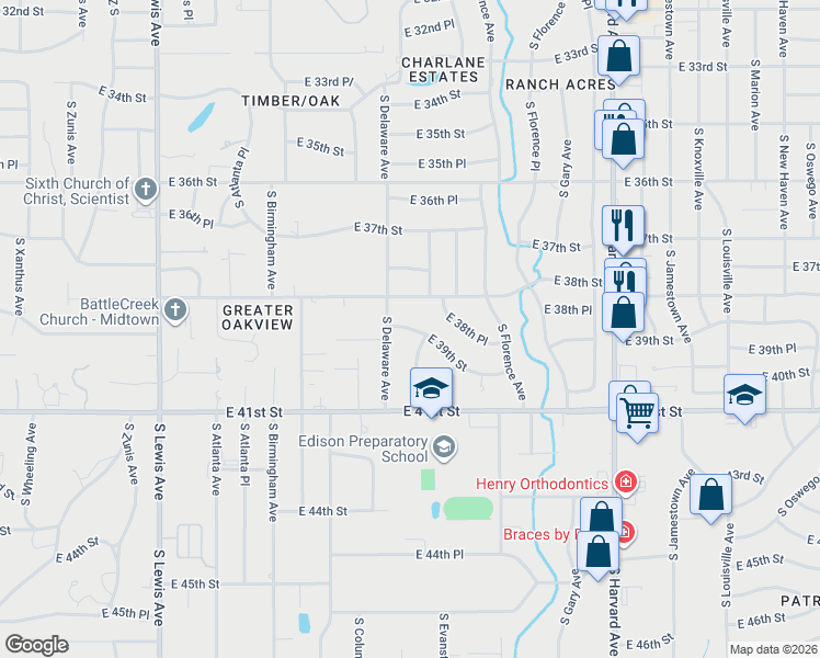 map of restaurants, bars, coffee shops, grocery stores, and more near 2840 East 39th Street in Tulsa