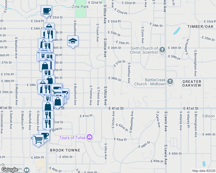 map of restaurants, bars, coffee shops, grocery stores, and more near 3842 South Utica Avenue in Tulsa