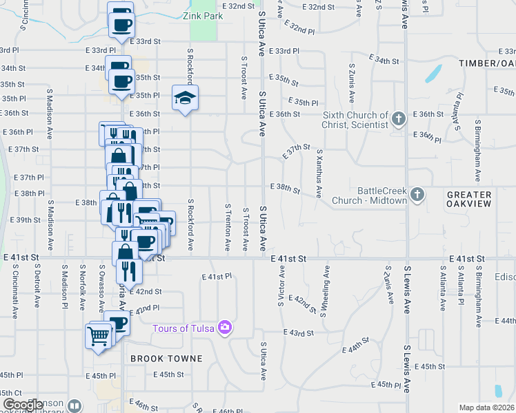map of restaurants, bars, coffee shops, grocery stores, and more near 3842 South Utica Avenue in Tulsa