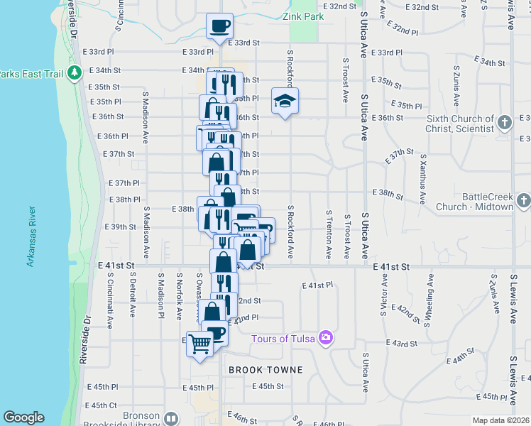 map of restaurants, bars, coffee shops, grocery stores, and more near 1408 East 38th Street in Tulsa