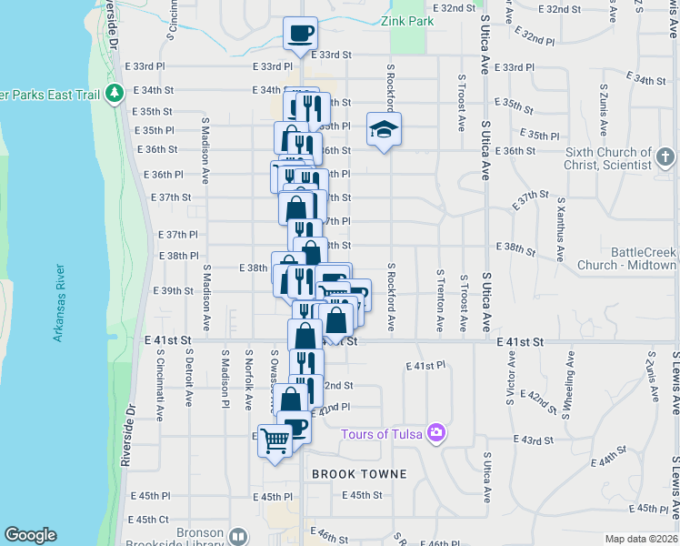 map of restaurants, bars, coffee shops, grocery stores, and more near 1329 East 39th Street in Tulsa