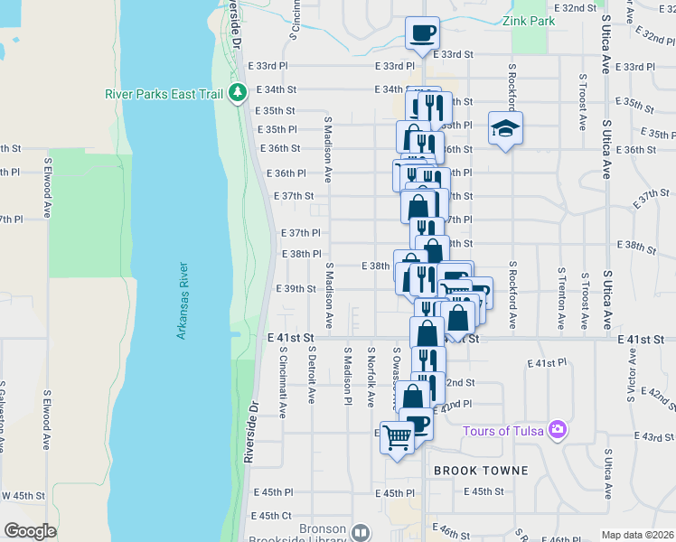 map of restaurants, bars, coffee shops, grocery stores, and more near 3844 South Madison Avenue in Tulsa
