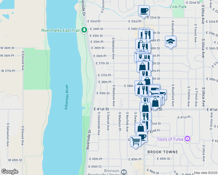 map of restaurants, bars, coffee shops, grocery stores, and more near 3844 South Madison Avenue in Tulsa