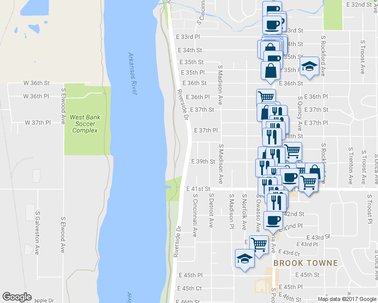 map of restaurants, bars, coffee shops, grocery stores, and more near 3855 Riverside Drive in Tulsa