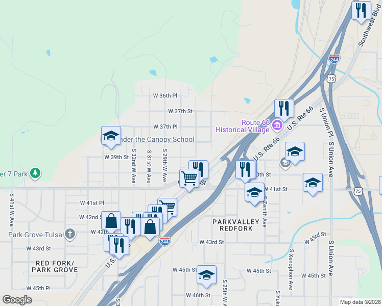 map of restaurants, bars, coffee shops, grocery stores, and more near 3903 South 28th West Avenue in Tulsa