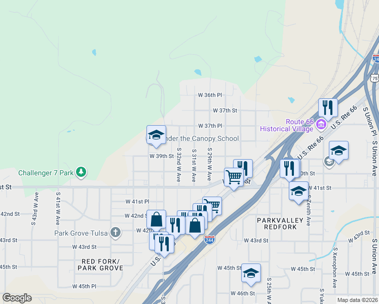 map of restaurants, bars, coffee shops, grocery stores, and more near 3104 West 39th Street in Tulsa