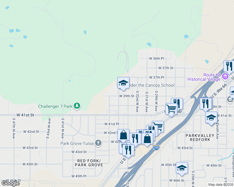 map of restaurants, bars, coffee shops, grocery stores, and more near 3424 West 39th Street in Tulsa