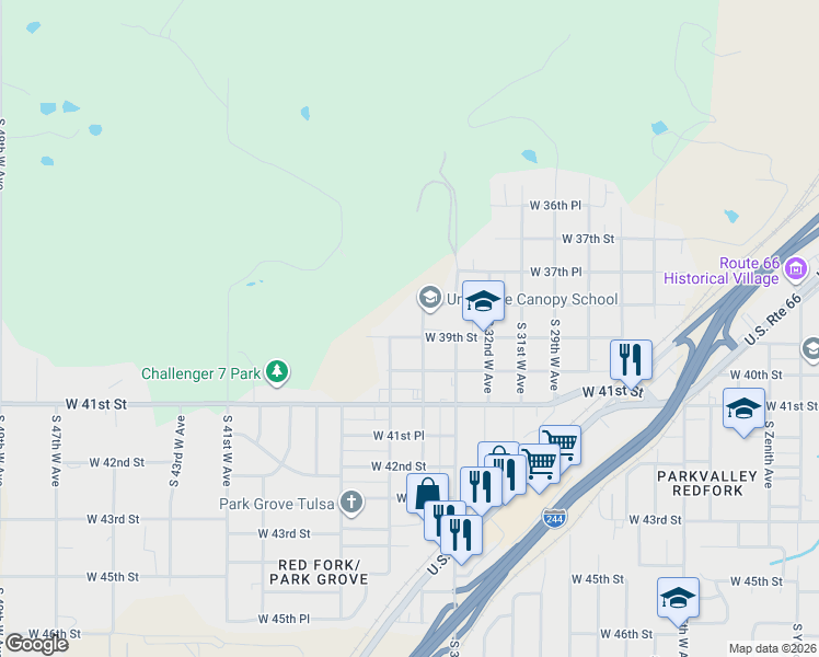 map of restaurants, bars, coffee shops, grocery stores, and more near 3412 West 39th Street in Tulsa
