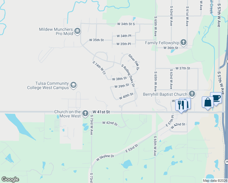map of restaurants, bars, coffee shops, grocery stores, and more near 3916 South 74th West Circle in Tulsa