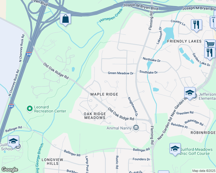 map of restaurants, bars, coffee shops, grocery stores, and more near 1451 Grantland Place in Greensboro