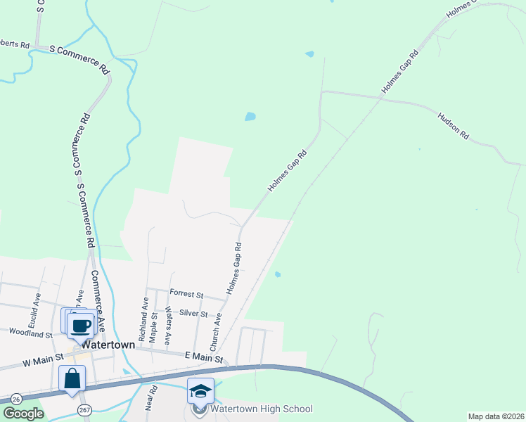 map of restaurants, bars, coffee shops, grocery stores, and more near 595 Holmes Gap Road in Watertown