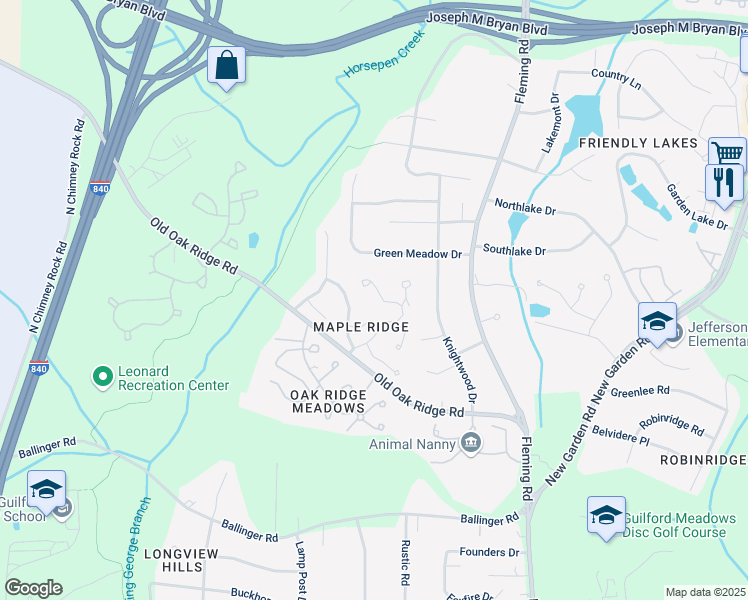 map of restaurants, bars, coffee shops, grocery stores, and more near 1451 Grantland Place in Greensboro