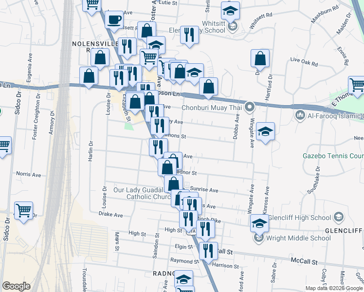 map of restaurants, bars, coffee shops, grocery stores, and more near 3004 Simmons Avenue in Nashville