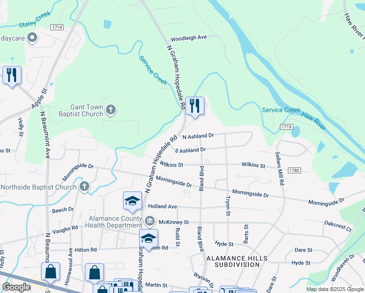 map of restaurants, bars, coffee shops, grocery stores, and more near 1913 South Ashland Drive in Burlington