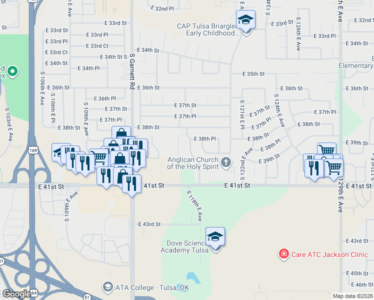 map of restaurants, bars, coffee shops, grocery stores, and more near 3851 South 117th East Avenue in Tulsa