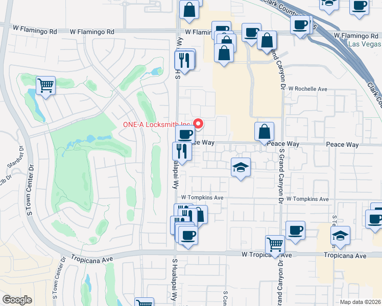 map of restaurants, bars, coffee shops, grocery stores, and more near 4570 South Hualapai Way in Las Vegas