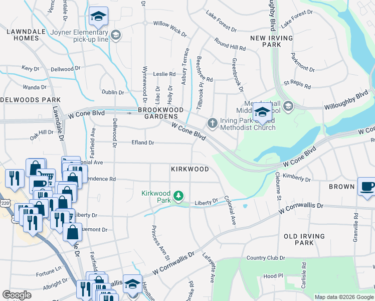 map of restaurants, bars, coffee shops, grocery stores, and more near 2605 Lafayette Avenue in Greensboro