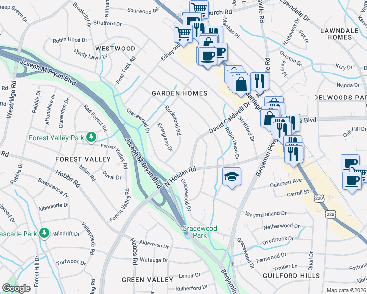 map of restaurants, bars, coffee shops, grocery stores, and more near 2609 David Caldwell Drive in Greensboro