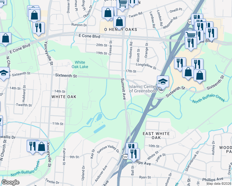 map of restaurants, bars, coffee shops, grocery stores, and more near 2429-2545 Summit Avenue in Greensboro