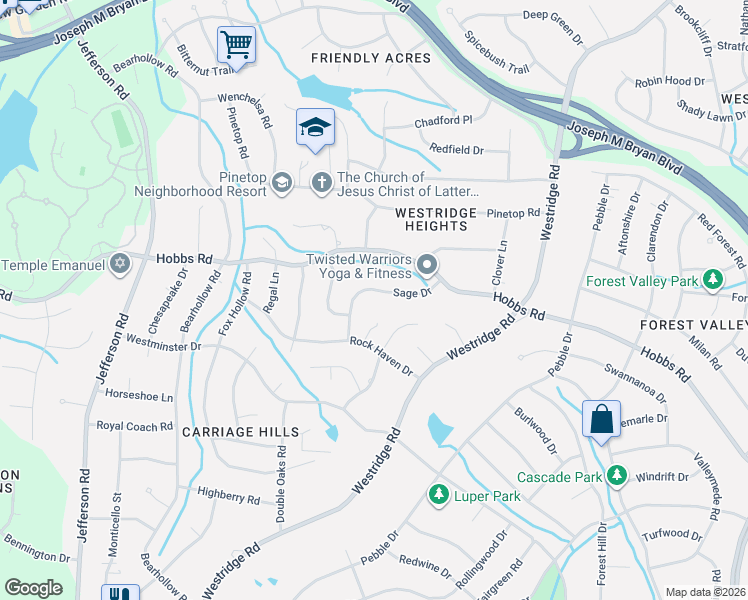 map of restaurants, bars, coffee shops, grocery stores, and more near 1207 Hounslow Drive in Greensboro