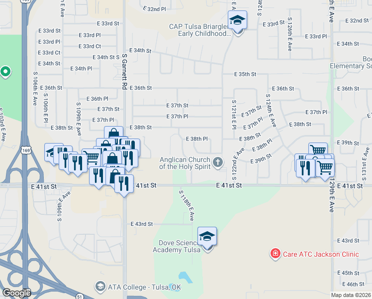 map of restaurants, bars, coffee shops, grocery stores, and more near 3863 South 118th East Avenue in Tulsa