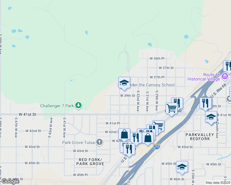 map of restaurants, bars, coffee shops, grocery stores, and more near 3412 West 39th Street in Tulsa