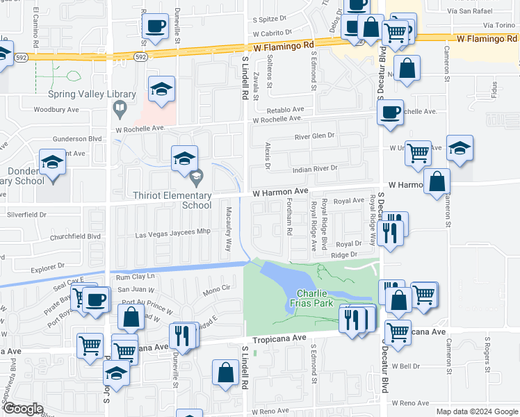 map of restaurants, bars, coffee shops, grocery stores, and more near 5415 West Harmon Avenue in Las Vegas