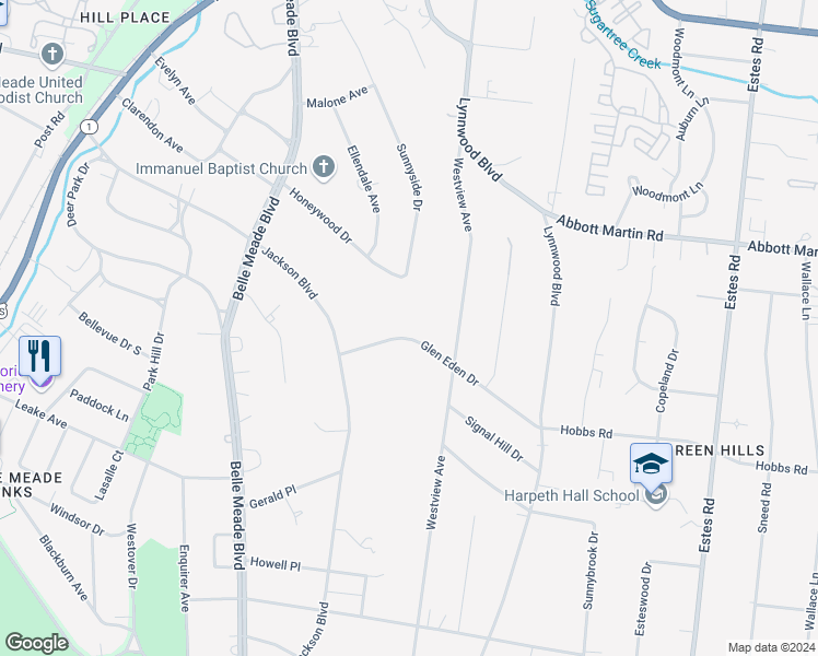 map of restaurants, bars, coffee shops, grocery stores, and more near 4326 Glen Eden Drive in Nashville