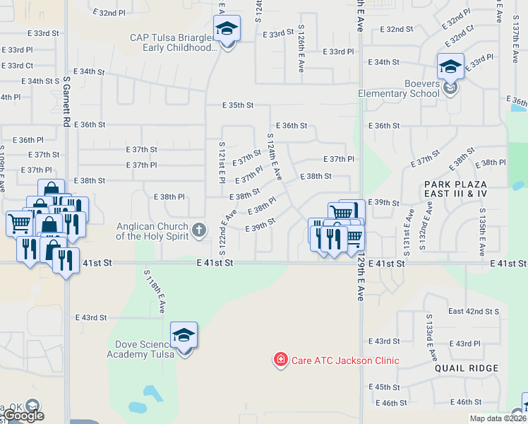 map of restaurants, bars, coffee shops, grocery stores, and more near 12301 East 39th Street in Tulsa