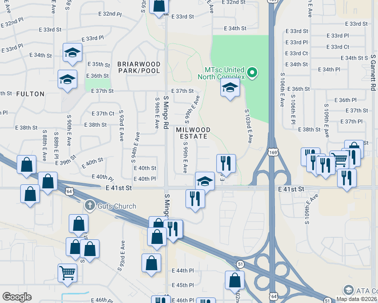 map of restaurants, bars, coffee shops, grocery stores, and more near 3918 South 100th East Avenue in Tulsa