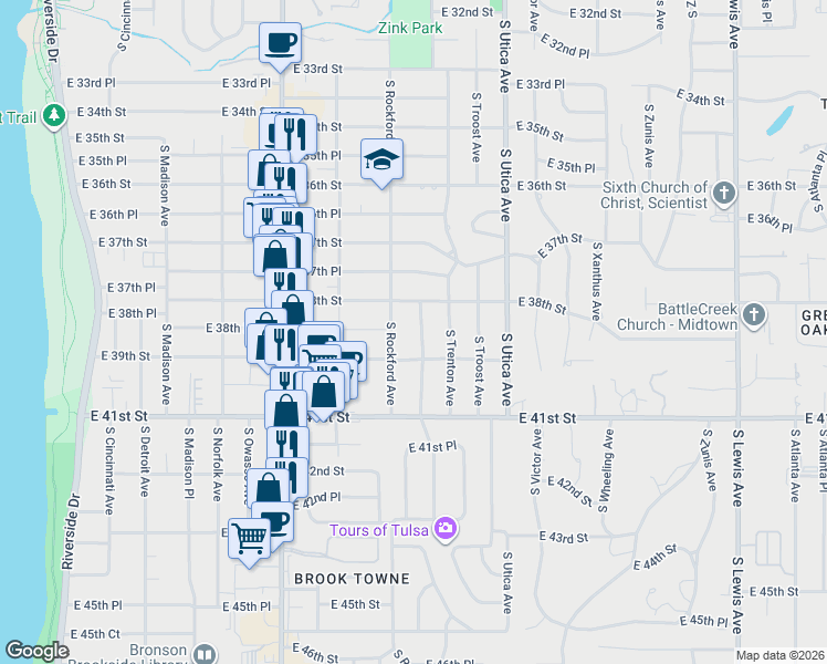 map of restaurants, bars, coffee shops, grocery stores, and more near 3841 South Saint Louis Avenue in Tulsa