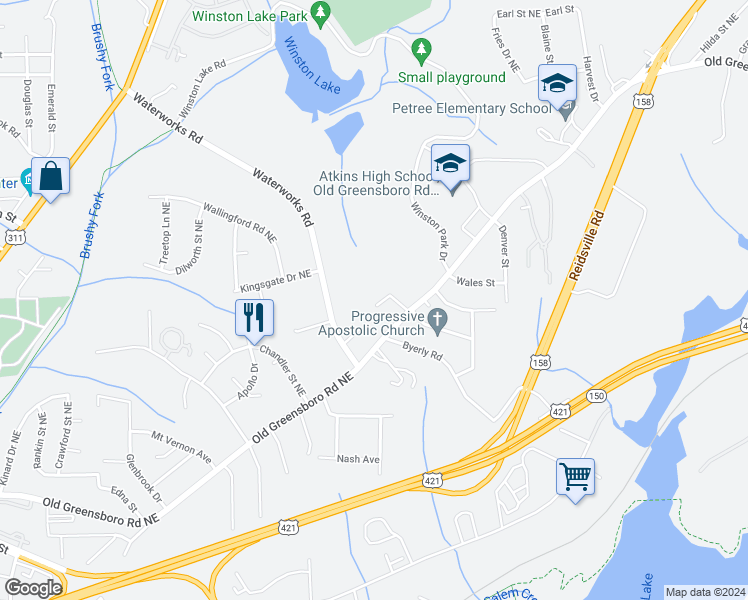 map of restaurants, bars, coffee shops, grocery stores, and more near 210 Crews Street in Winston-Salem