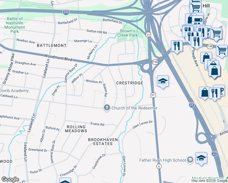 map of restaurants, bars, coffee shops, grocery stores, and more near 3620 Rainbow Place in Nashville