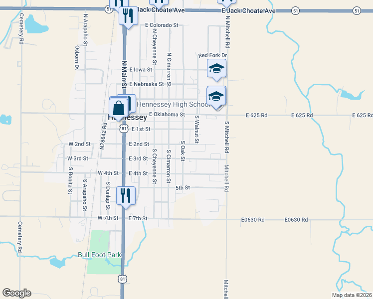 map of restaurants, bars, coffee shops, grocery stores, and more near 525 East 3rd Street in Hennessey