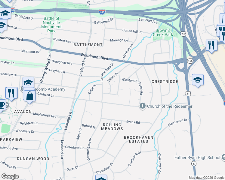 map of restaurants, bars, coffee shops, grocery stores, and more near 3646 Mayflower Place in Nashville
