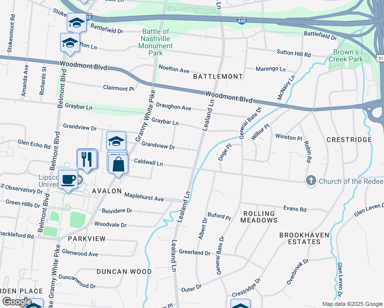 map of restaurants, bars, coffee shops, grocery stores, and more near 1003 Grandview Drive in Nashville