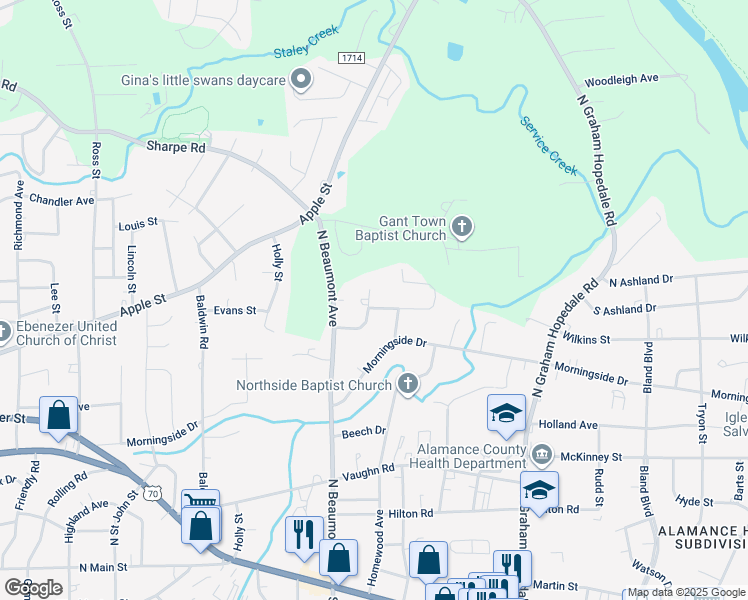 map of restaurants, bars, coffee shops, grocery stores, and more near 1402 Knollwood Drive in Burlington