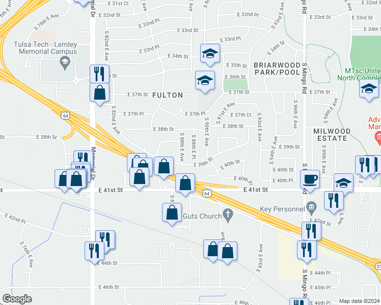 map of restaurants, bars, coffee shops, grocery stores, and more near 3848 South 88th East Place in Tulsa