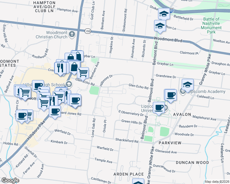 map of restaurants, bars, coffee shops, grocery stores, and more near 412 Glen West Drive in Nashville