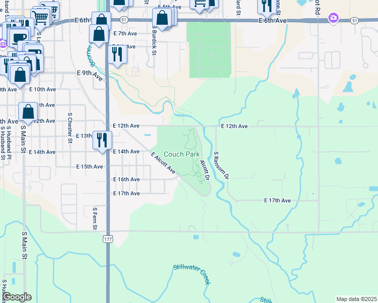 map of restaurants, bars, coffee shops, grocery stores, and more near 1101 Alcott Drive in Stillwater