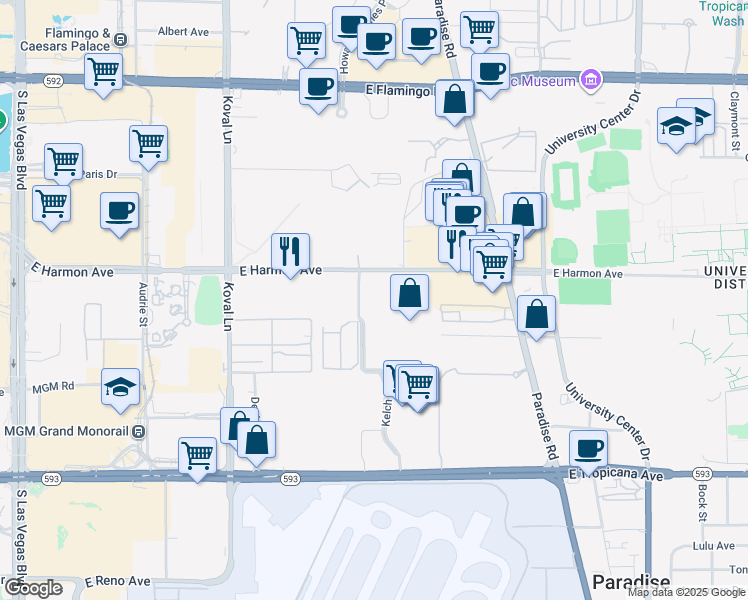 map of restaurants, bars, coffee shops, grocery stores, and more near 335 East Harmon Avenue in Las Vegas