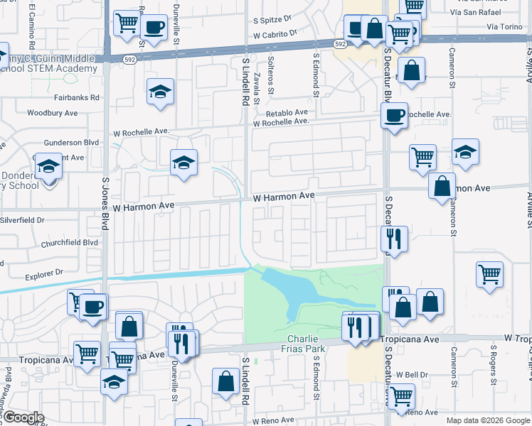 map of restaurants, bars, coffee shops, grocery stores, and more near 5415 West Harmon Avenue in Las Vegas