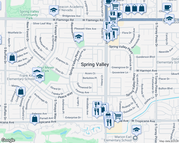 map of restaurants, bars, coffee shops, grocery stores, and more near 7073 Acorn Court in Las Vegas