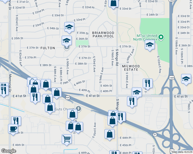 map of restaurants, bars, coffee shops, grocery stores, and more near 3926 South 93rd East Avenue in Tulsa