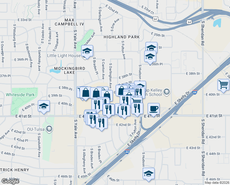map of restaurants, bars, coffee shops, grocery stores, and more near 5302 East 39th Place in Tulsa