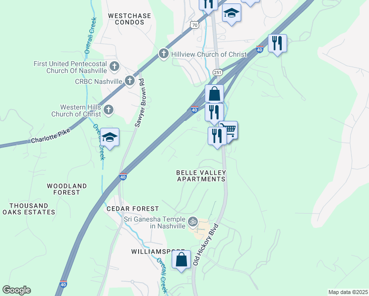 map of restaurants, bars, coffee shops, grocery stores, and more near 615 Old Hickory Boulevard in Nashville
