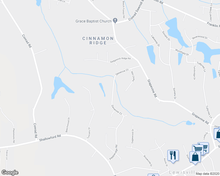 map of restaurants, bars, coffee shops, grocery stores, and more near 8070 Deverow Court in Lewisville