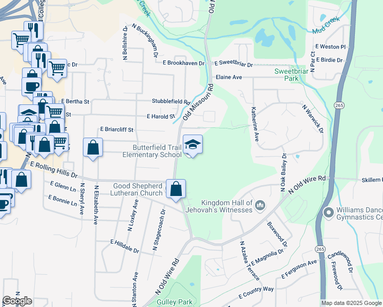 map of restaurants, bars, coffee shops, grocery stores, and more near 3050 Old Missouri Road in Fayetteville