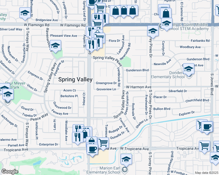 map of restaurants, bars, coffee shops, grocery stores, and more near 6764 Groveview Lane in Las Vegas